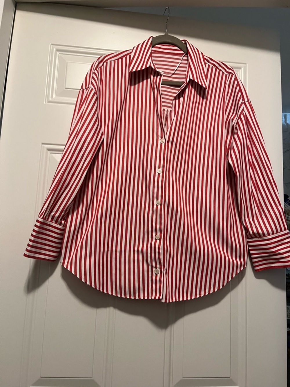 Women’s Red and White Striped Button-Up Shirt